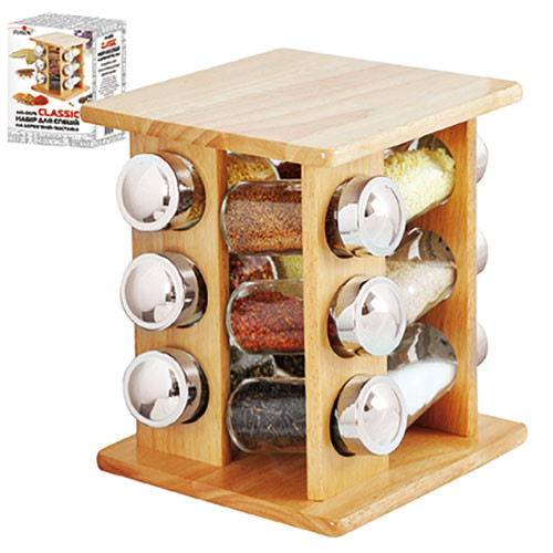 Специи MS-0375 на деревянной подставке Classic 12шт 16,5х16,5х24см 